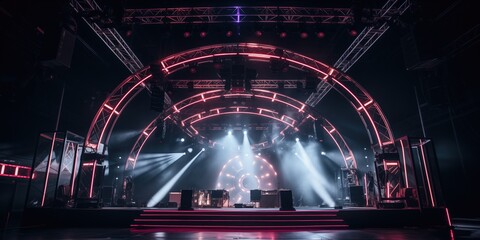 live stage with light truss with music equipment for DJ and music festival - obrazy, fototapety, plakaty
