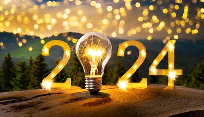 Lightbulb glowing for 2024 merry Christmas and happy new year.