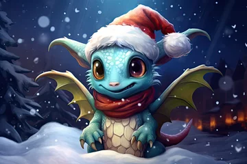 Tuinposter cute baby dragon with santa hat in the snow, magical christmas winter illustration © Dianne