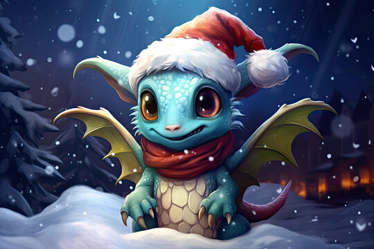 cute baby dragon with santa hat in the snow, magical christmas winter illustration
