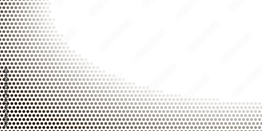 Poster oval gradient pixel corner with halftone raster pattern of small black dots on a white background. m
