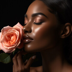 Fototapeta na wymiar The Ethereal Elegance of a Rose-Embellished Beauty Perfect Makeup Adorning a Model's Serene Smile in a Portrait of Femininity