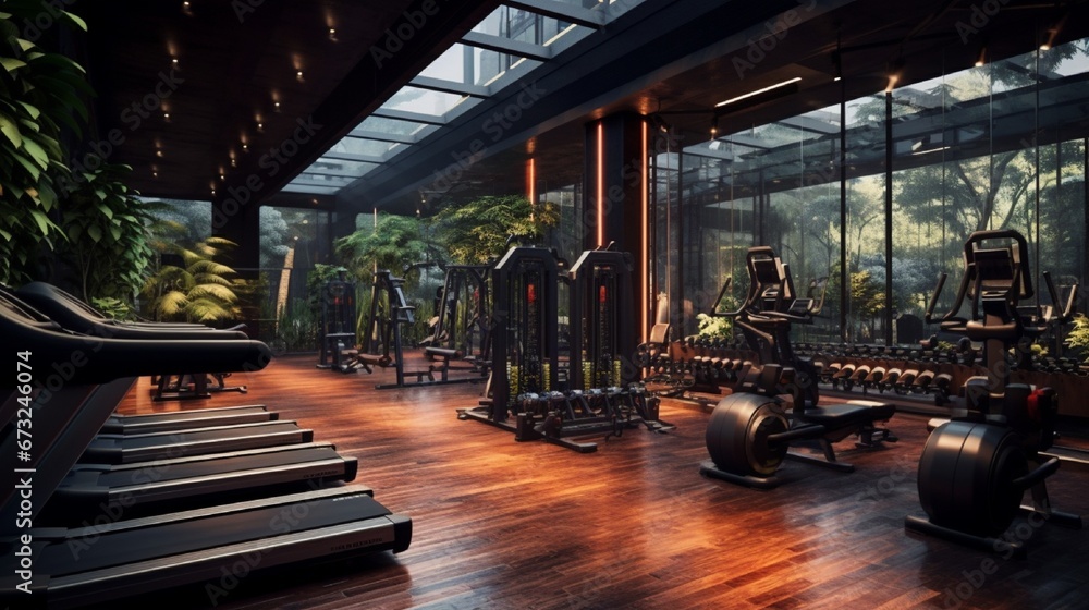 Poster a gym equipped with state-of-the-art machines and offering various types of workout classes.