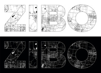 Zibo City Name (China, Asia) with black white city map illustration vector