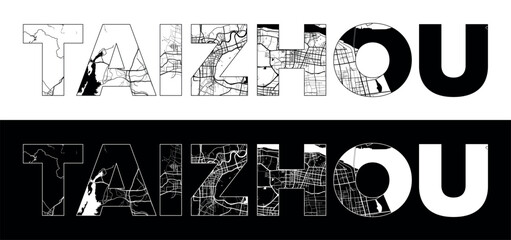 Taizhou Zhejiang City Name (China, Asia) with black white city map illustration vector