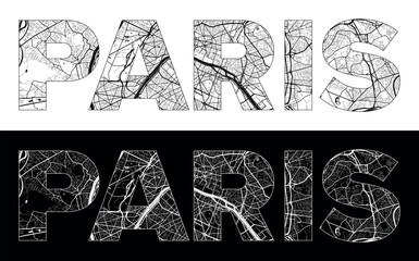 Paris City Name (France, Europe) with black white city map illustration vector