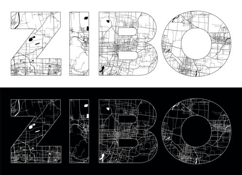 Zibo City Name (China, Asia) with black white city map illustration vector