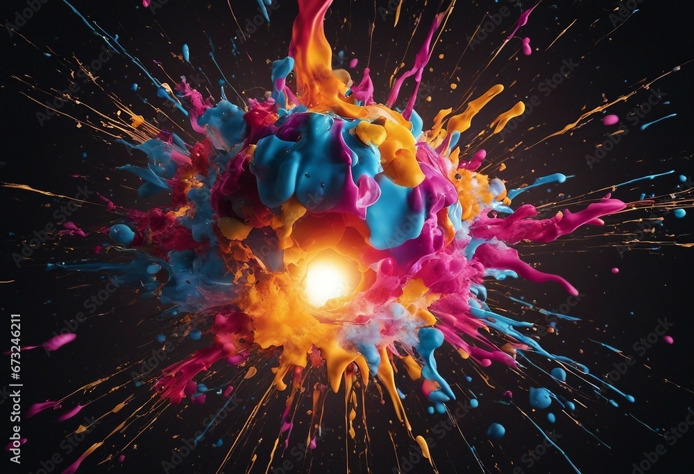 Poster creative light bulb explodes with colorful paint and splashes on a dark background think differently