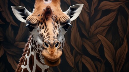 A close-up of a giraffe's intricate skin patterns, its long neck reaching out to nibble leaves.