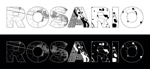 Rosario City Name (Argentina, South America) with black white city map illustration vector
