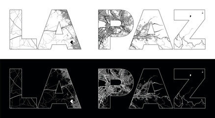 La Paz City Name (Bolivia, South America) with black white city map illustration vector