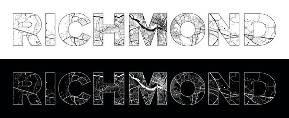 Richmond Virginia City Name (United States, North America) with black white city map illustration vector