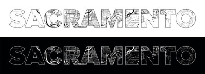 Sacramento City Name (United States, North America) with black white city map illustration vector