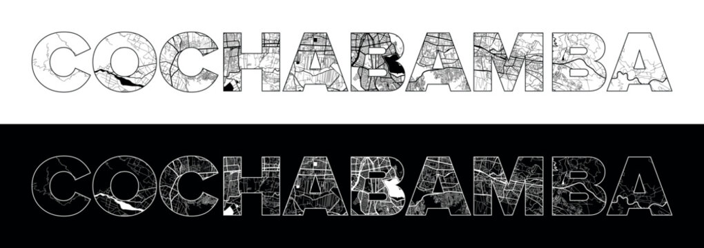 Cochabamba City Name (Bolivia, South America) with black white city map illustration vector
