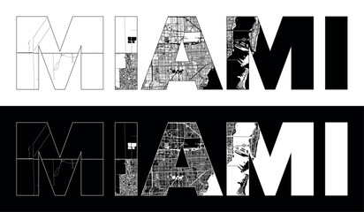 Miami City Name (United States, North America) with black white city map illustration vector - obrazy, fototapety, plakaty