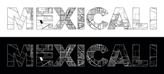 Mexicali City Name (Mexico, North America) with black white city map illustration vector