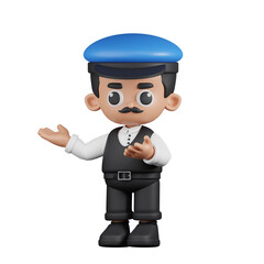 3d Character Driver Presenting Pose. 3d render isolated on transparent backdrop.