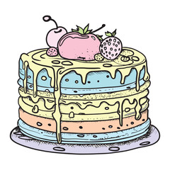 Vector sketch of dessert sweets. Cake, pastries with a drop of syrup. sketch of desserts. A piece of cake with a berry is a handmade drawing. Vintage style illustration for cafe design.