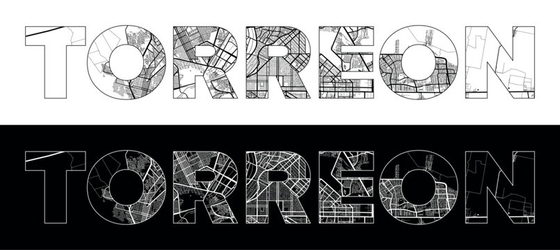 Torreon City Name (Mexico, North America) with black white city map illustration vector