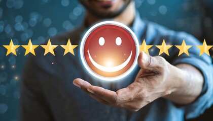 Hand holding circle smile face with five stars for customer client evaluation