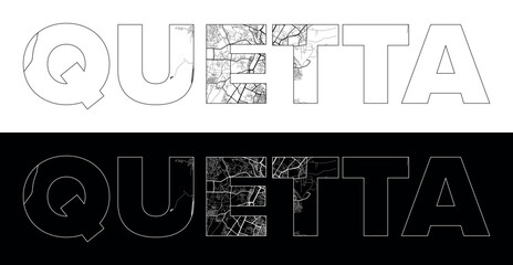 Quetta City Name (Pakistan, Asia) with black white city map illustration vector