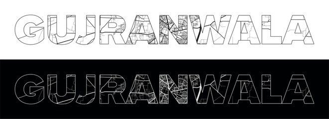 Gujranwala City Name (Pakistan, Asia) with black white city map illustration vector