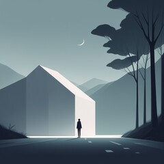 night landscape with a wooden house. 3d rendering night landscape with a wooden house. 3d rendering dark silhouette of person with backpack walking in forest at night with light.