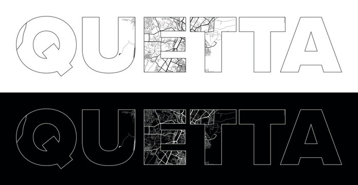 Quetta City Name (Pakistan, Asia) with black white city map illustration vector