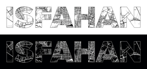 Isfahan City Name (Iran, Asia) with black white city map illustration vector