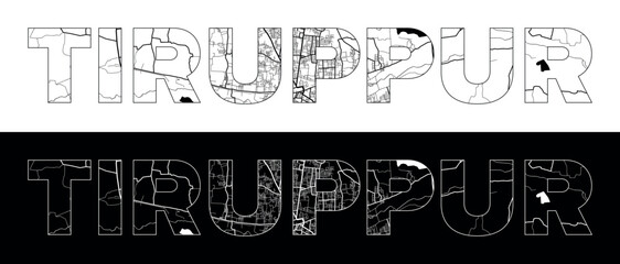 Tiruppur City Name (India, Asia) with black white city map illustration vector