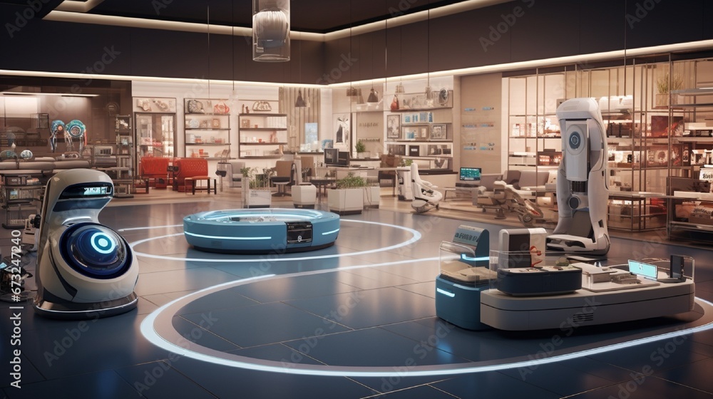 Poster a home electronics section featuring an array of advanced robotic vacuums and smart home devices.