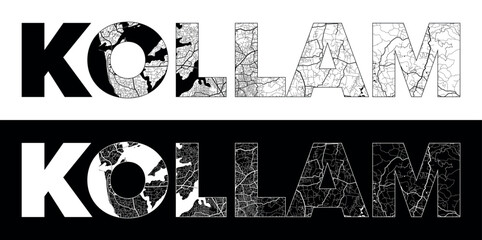 Kollam City Name (India, Asia) with black white city map illustration vector