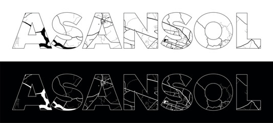 Asansol City Name (India, Asia) with black white city map illustration vector