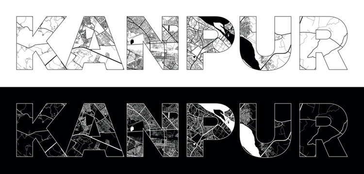 Kanpur City Name (India, Asia) with black white city map illustration vector