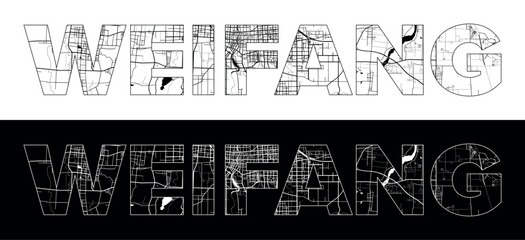 Weifang City Name (China, Asia) with black white city map illustration vector