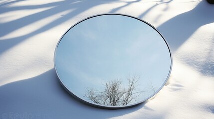 A close-up of a mirror's reflective surface, capturing the clarity and shine, set against a snow-white background. - obrazy, fototapety, plakaty