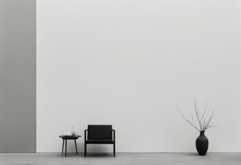 modern room with a black wall and a vase modern room with a black wall and a vase empty white chair and table with black background, mockup for copy space