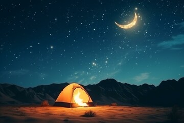 Burning fire beside tent in desert, crescent moon on blue starry sky. Ramadan concept. Generative AI