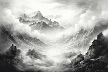 Monochrome sketch of majestic mountains, lush valleys, and epic skies in a timeless landscape illustration. Generative AI