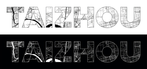 Obraz premium Taizhou Jiangsu City Name (China, Asia) with black white city map illustration vector