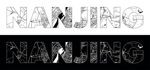 Nanjing City Name (China, Asia) with black white city map illustration vector