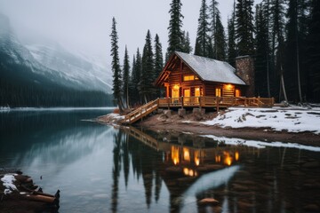 Fototapeta premium Cozy cabin near the lake during the fall and winter. mountain landscape with snow-capped peaks and beautiful reflections on the water surface