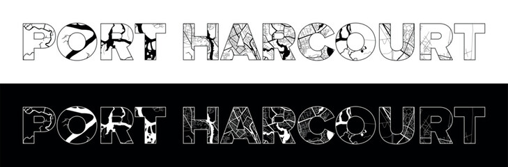 Port Harcourt City Name (Nigeria, Africa) with black white city map illustration vector