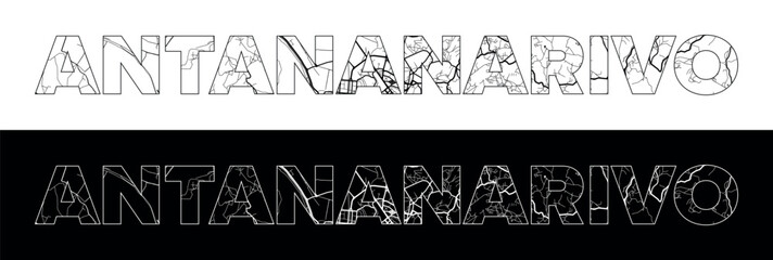 Antananarivo City Name (Madagascar, Africa) with black white city map illustration vector