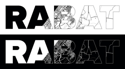 Rabat City Name (Morocco, Africa) with black white city map illustration vector