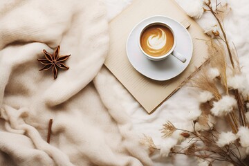 Obraz na płótnie Canvas Cozy winter background with cup of coffee, warm sweater and old letters. Flat lay with copy space