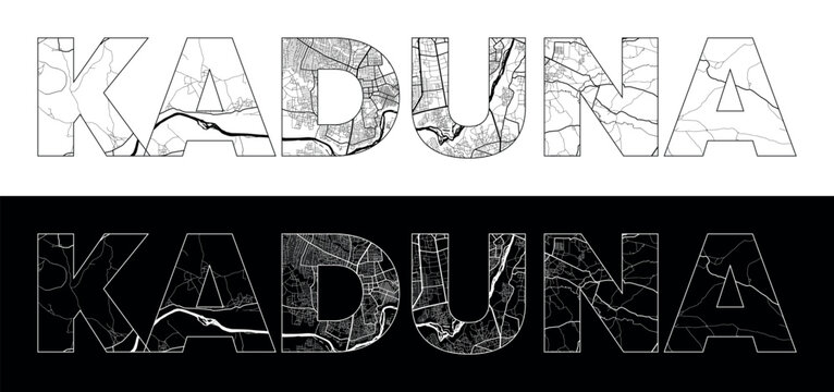 Kaduna City Name (Nigeria, Africa) with black white city map illustration vector