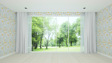 Empty room design for real estate brochure. Room design for hotel or home with forest view. 3D Illustration