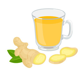 Ginger tea in glass cup. Vector cartoon flat illustration.