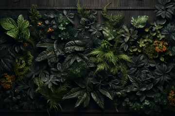 Bird's-eye view of dark wooden texture adorned with plants. Generative AI